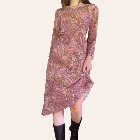 90s vintage boho mesh asymmetric paisley midi dress - Expressions Large - Picture 1 of 8